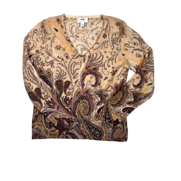 Charter Club 100% Cashmere Sweater Womens Medium Beige Paisley V Neck Soft - Picture 1 of 5